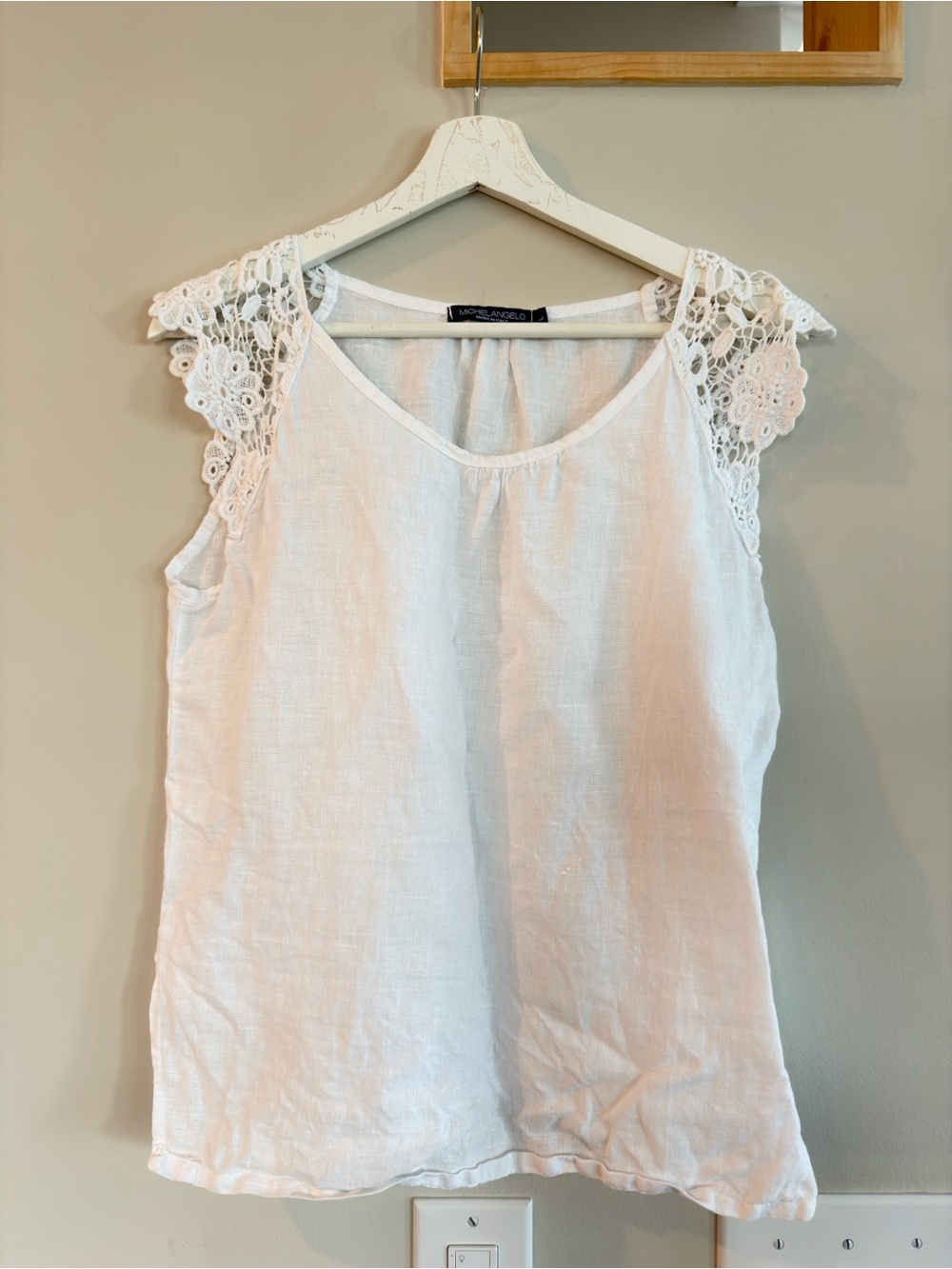 Michelangelo White Linen Camisole with Crochet Cap Sleeves